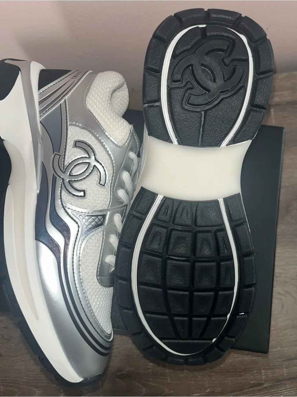 CHANEL Silver and White Mesh Runner Sneakers